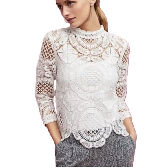 Anthropologie Tops - Anthropologie James Coviello Medallion Lace Front  Mock Neck Ivory Blouse SZ SP